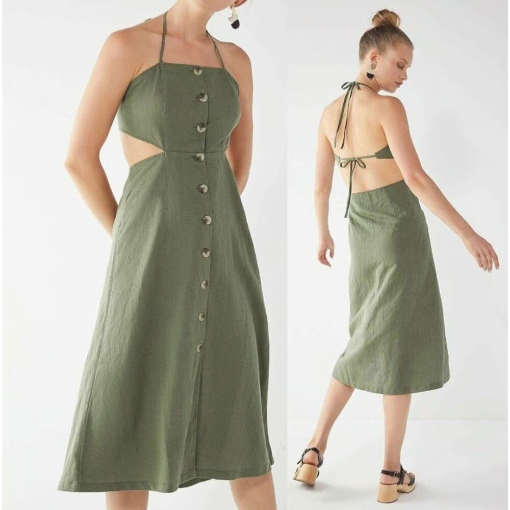 Urban Outfitters Midi Linen Blend Halter Dress Green Tie Back Women's Small